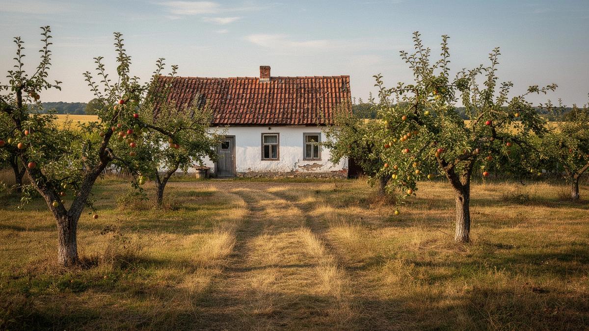 Whitewashed country cottage beside a mature orchard in the Poltava region